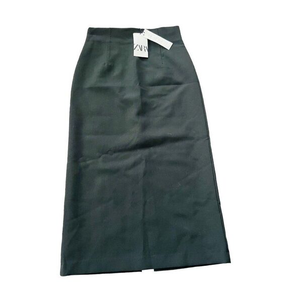 Zara Womens Midi A-Line Skirt S Small Black Zipper Back Slit NWT - Picture 1 of 9
